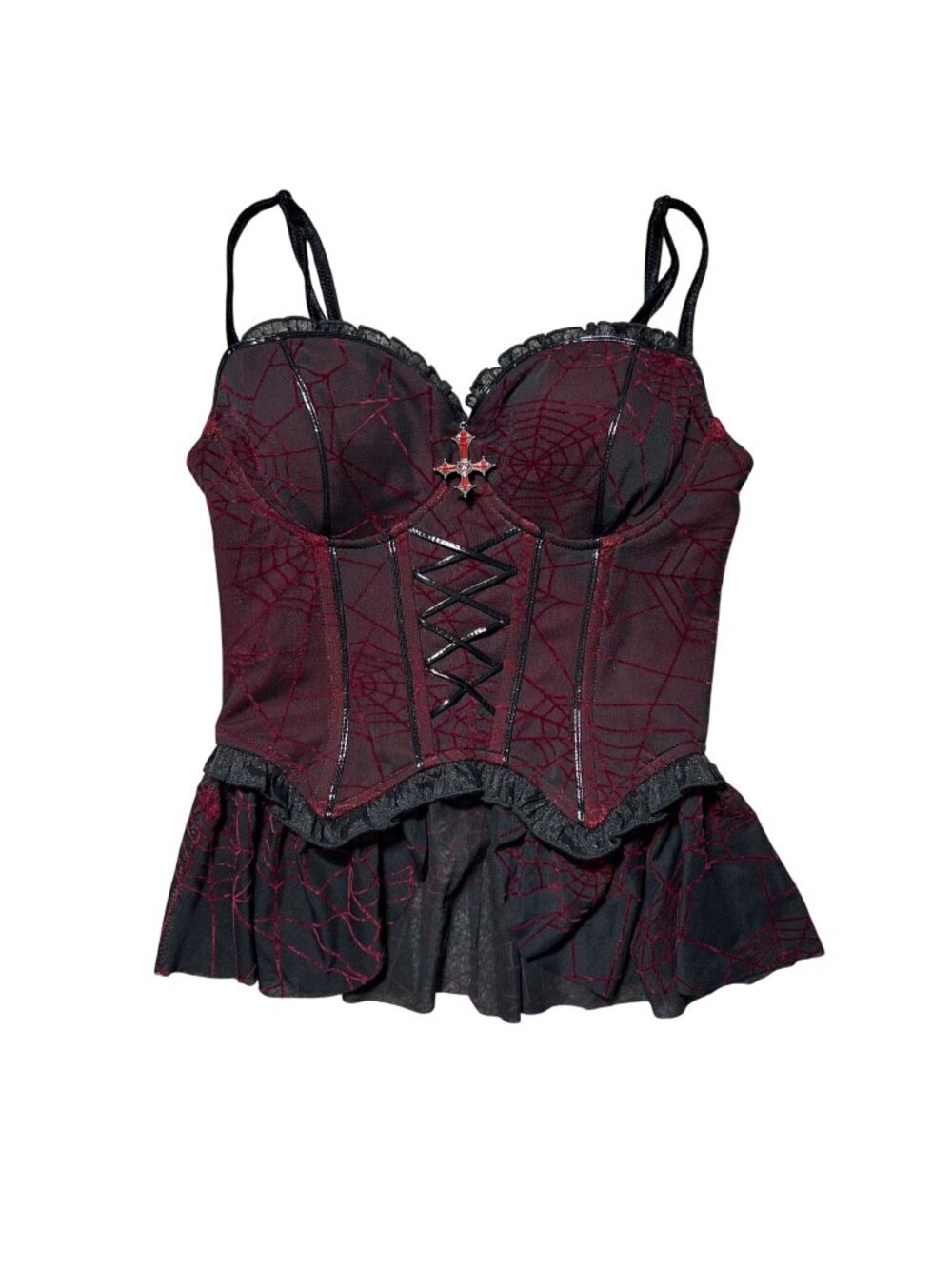 MeowCos Gothic Spiderweb Corset Top With Cross Charm Lace-Up Adjustable Straps